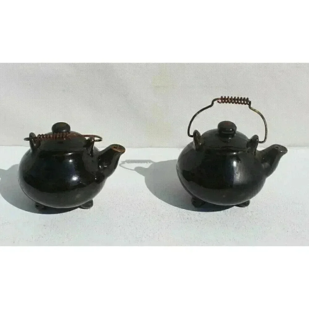 Vintage Redware Roosters Black Tea Pot Salt & Pepper Shakers Kettle Hand Painted